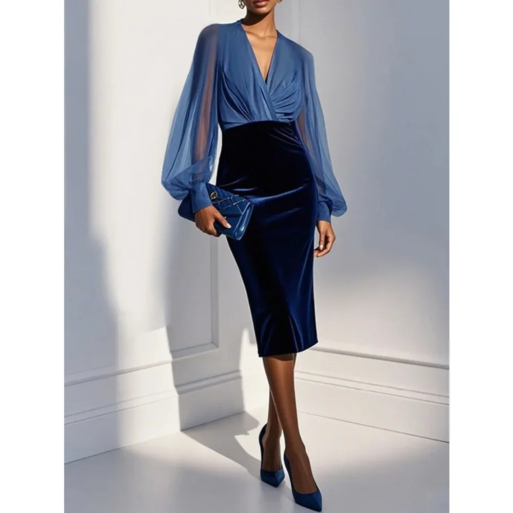 

Индивидуальные вечерние платья миди с V-образным вырезом для мам невест 2026 года, темно-синие, с рукавами-баллонами, для свадеб, выпускных и вечеринок