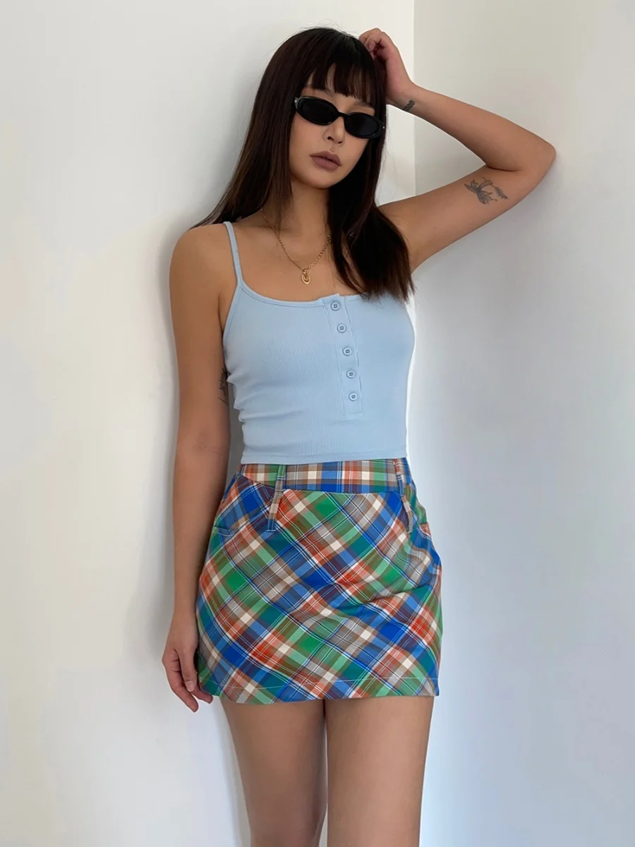 American Style Contrasting Dopamine Colored Checkered Skirt Women High Waist Slim Spicy Girl Wrap Buttocks Short Skirt F021