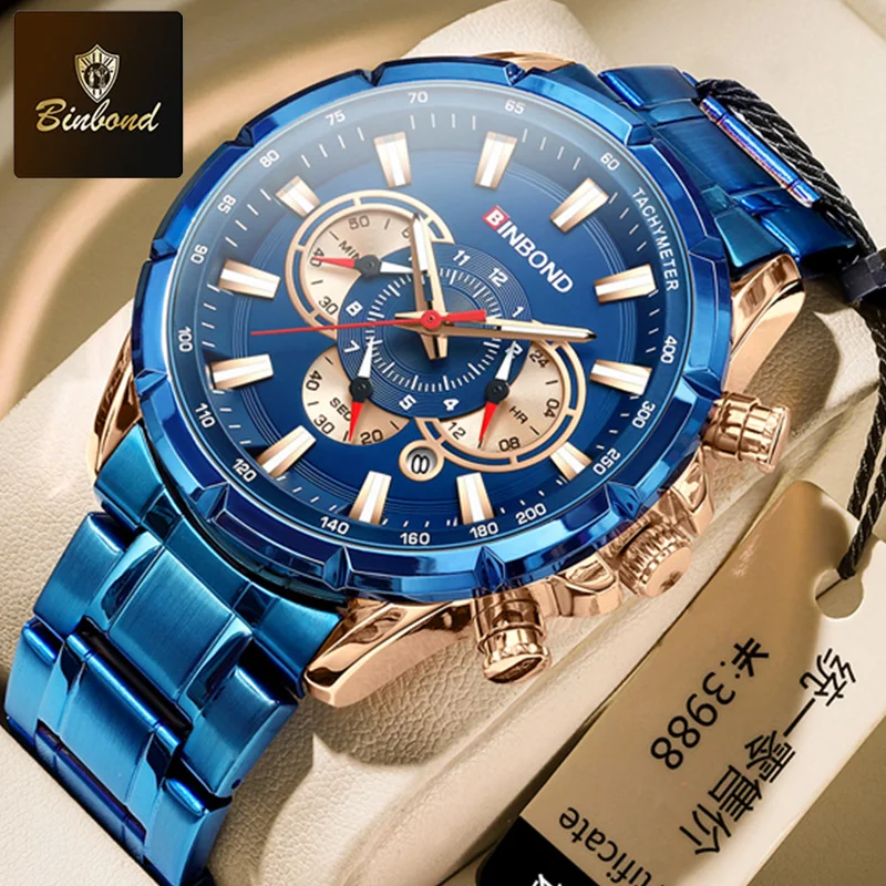 

BINBONDB6395 стальные водонепроницаемые новые деловые мужские кварцевые часы модные спортивные повседневные многофункциональные роскошные мужские часы из нержавеющей стали