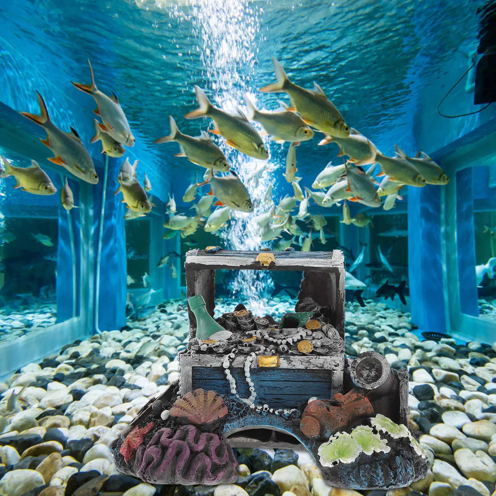 Professional Treasure Chest Aquarium Ornament Resin Fish Tank Decoration Fish Shelter Hiding Cave for Saltwater Freshwater