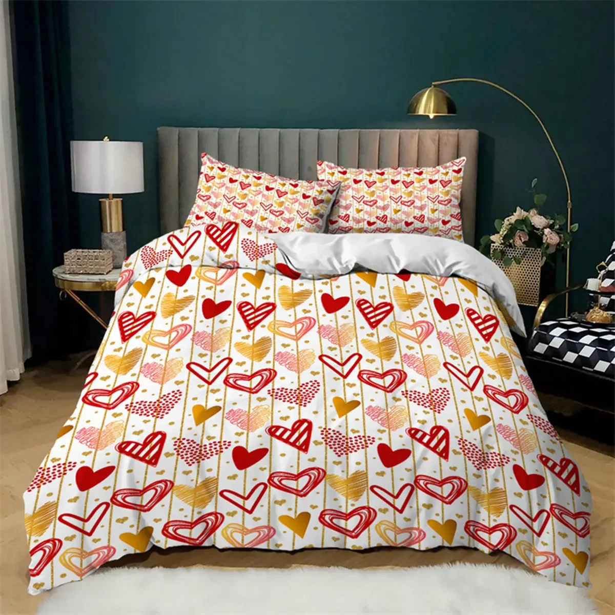 Romantic Love Heart Cartoon Bear Duvet Cover Microfiber King for Women Men Girls Teen Valentine Room Decoration Queen King  Size