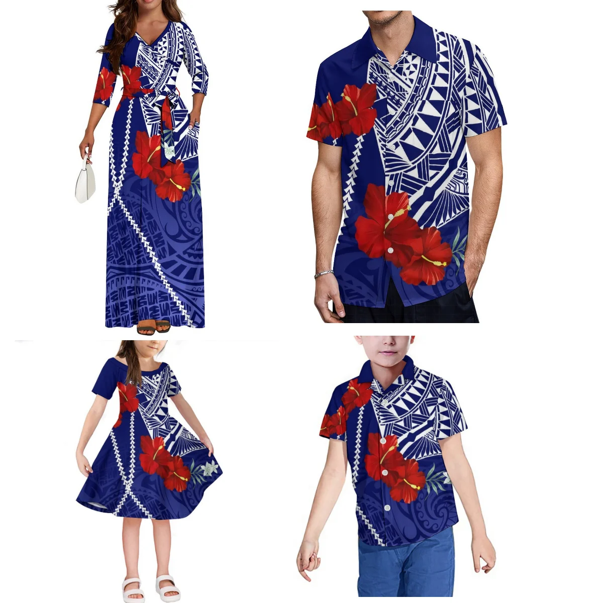 Custom Wholesale Blue Flower Family Set Custom Elegant Dress National Dress Women'S Slim Dress Pacific Island Family Set Shirt