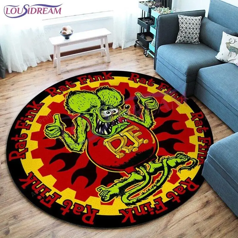 Retro Rat Fink Hot Rod Garage Round Rug, Personalized Art Decor Floor Mat, Non-Slip Washable Area Carpet for Bedroom & Office