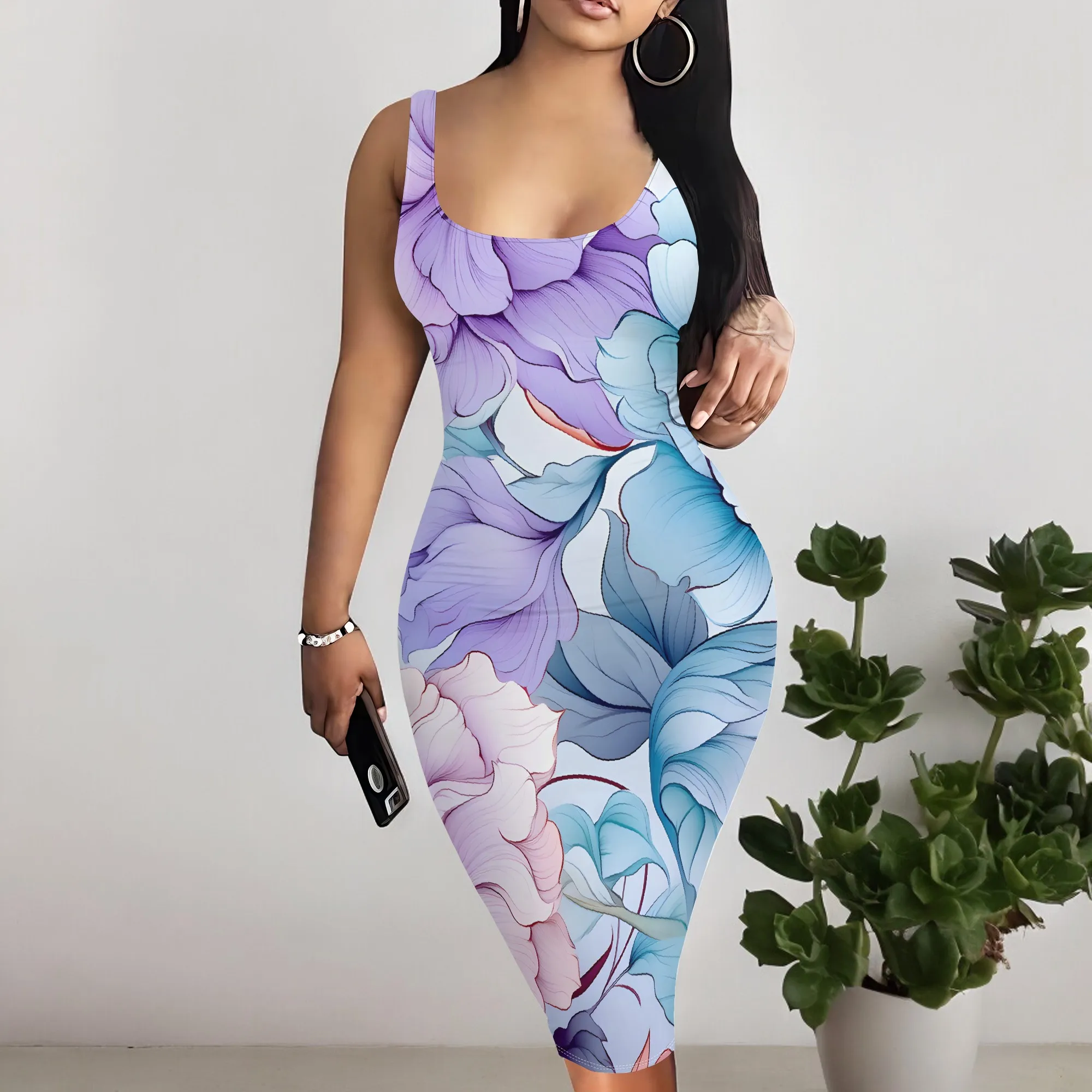 

Women's Floral Midi Dress Boho Sleeveless O-Neck Bodycon Dress for Casual Party Vacation Wear S-3XL