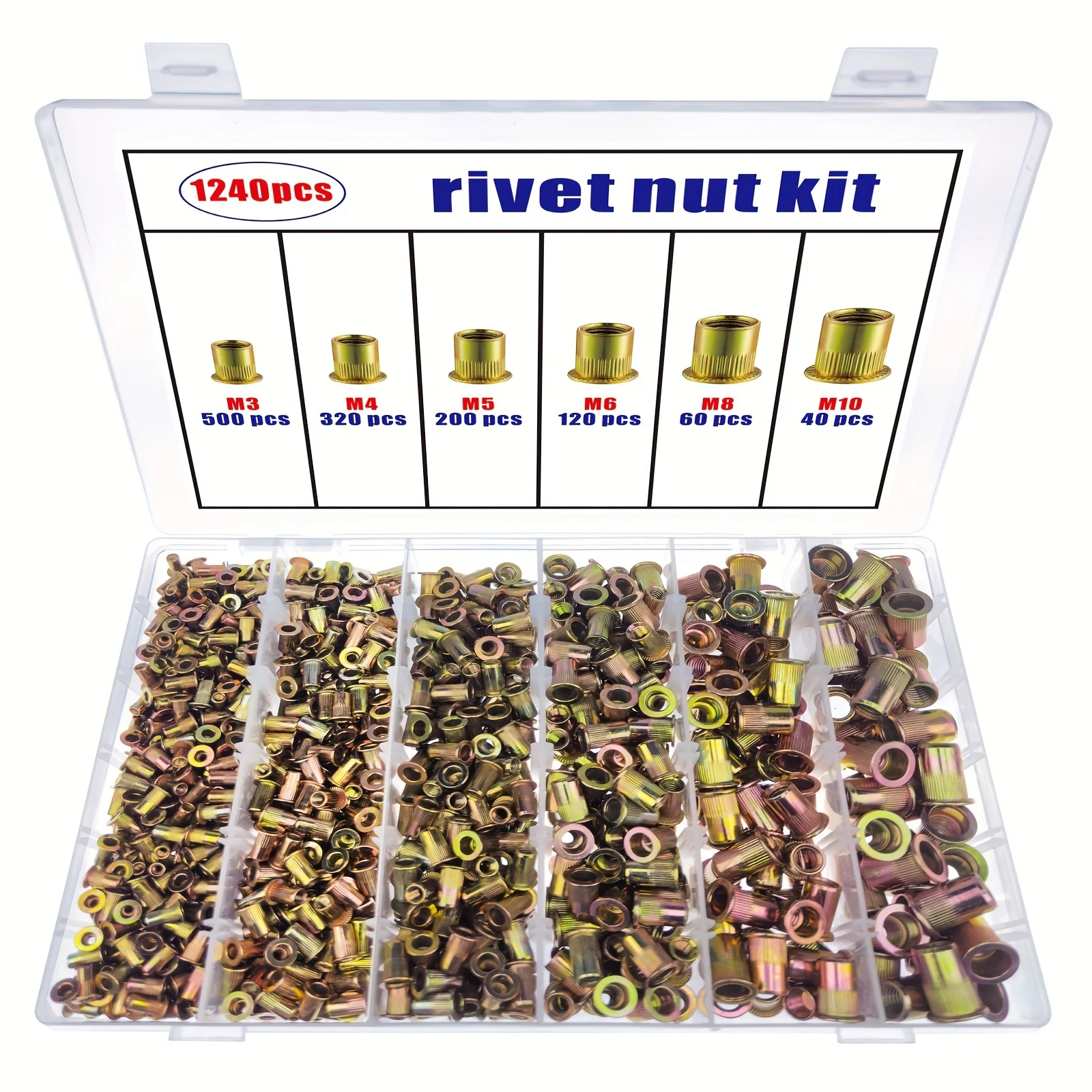

1240Pcs Rivet Nut Sorting Tool Kit Carbon Steel Flat Head Threaded Insert Knurled Body for Metal Steel Aluminum Stainless Steel