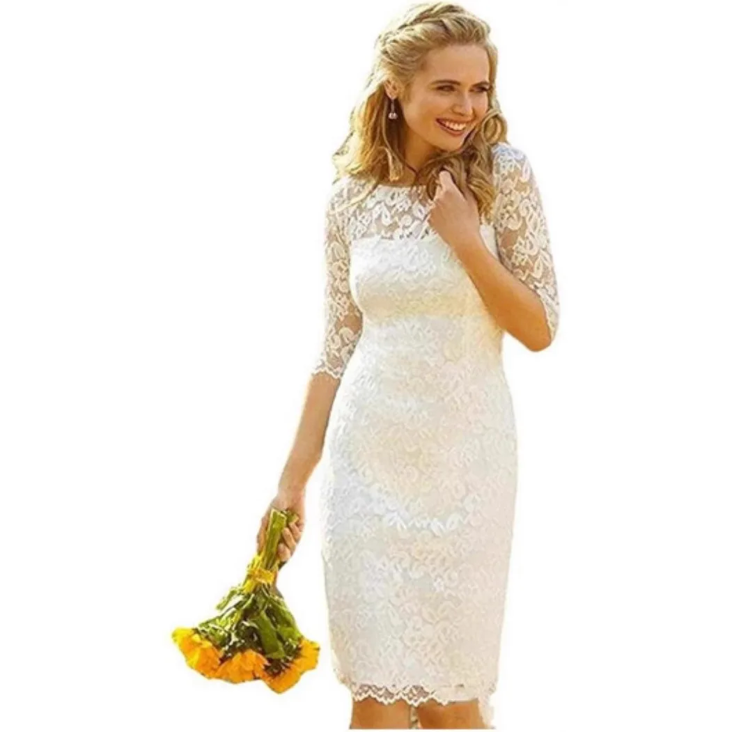 2026 Abiti da sposa corti da donna classici O-Collo con maniche a tubino con lacci Abiti da festa da sposa Abiti da Noiva