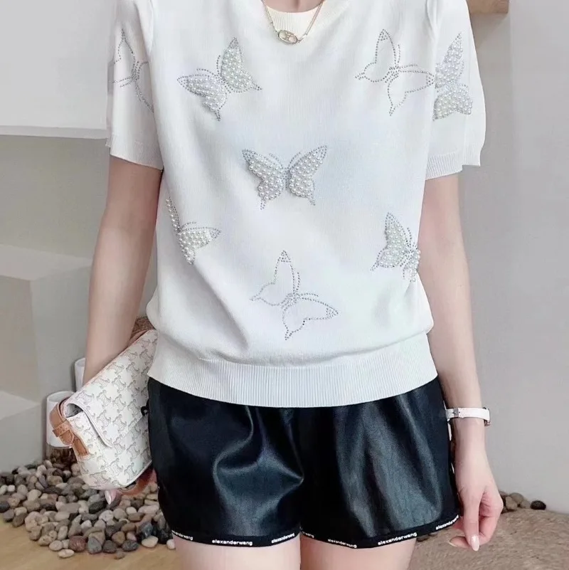 New Summer Tops Women Ice Silk Knitted Beading Butterfly O-neck Short Sleeve Casual Pullover Sweater Jumper Korean Fashion Y2k