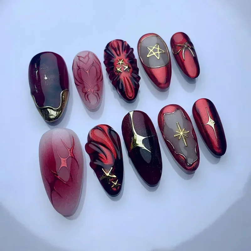 

24PCS Dark Red Blush Almond Press on Nails 3D Stripes with Metallic Golden Star Patterns French Fake Nails Spice Girls Ins Nails