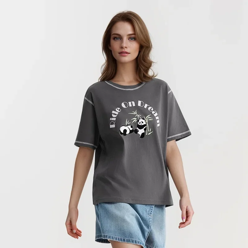 Koszulka z krótkim rękawem marki Semir Damska bawełniana luźna koszulka na lato 2024, nowe topy Panda Trend T-shirt w stylu narodowym