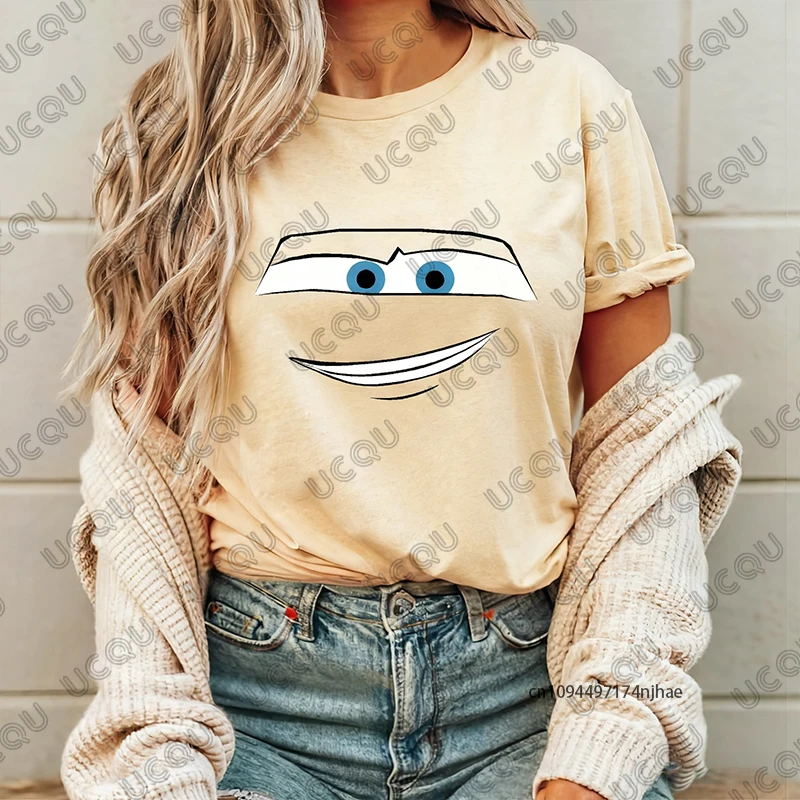 2026 سيارات البرق ماكوين طباعة المرأة القطن تي شيرت الصيف قصيرة الأكمام س الرقبة تيز عادية خمر المتضخم الأزواج القمم