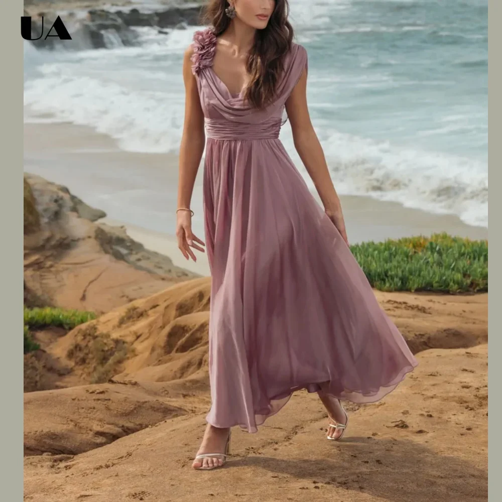 

ULBYANRY Romantic Cowl Collar 3D Flower Party Dress for Woman Elegant A-line Sleeveless Prom Dress Customized Chiffon Long Dress