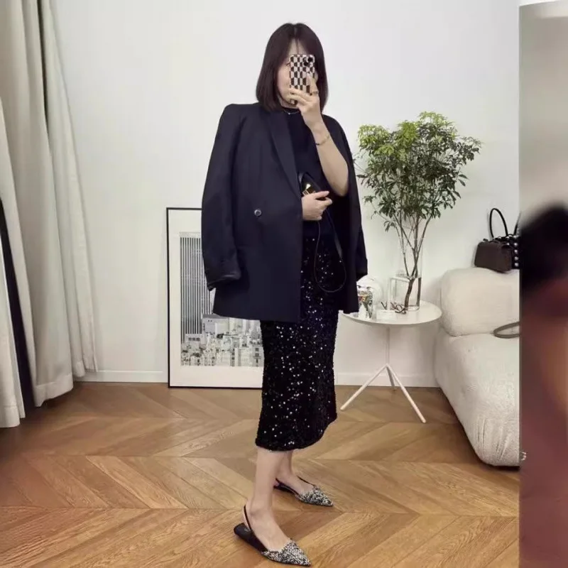 

High Waist iny Sequin Women's Elastic Straight Skirt Korean Sle Commute A-Line Skirt No Spring Season Batwing pe