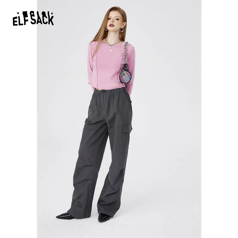 ELFSACK Loose Vintage Cargo Sport Pants Women 2024 Winter High Waist Casual Daily Trousers