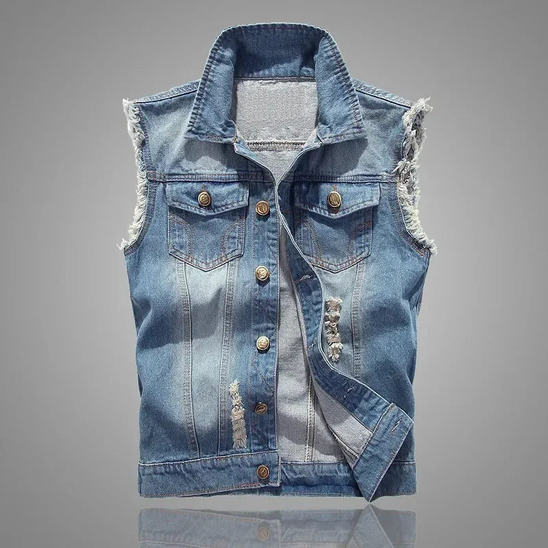 Summer Mens Ripped Denim Vest Male Tank Top Washed Jeans Waistcoat Man Retro Cowboy Hip Hop Sleeveless Jacket for Men