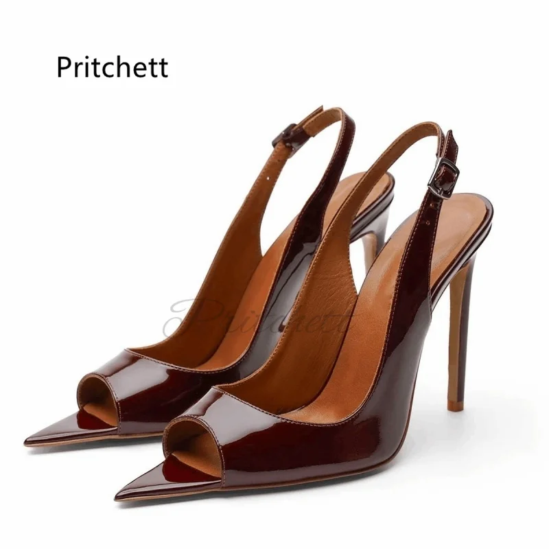 

Wine Red Patent Leather High Heels Sandals Women Pointy Peep Toe Stiletto Back Strap Buckle Sexy Party Office Lady Shoes Summer