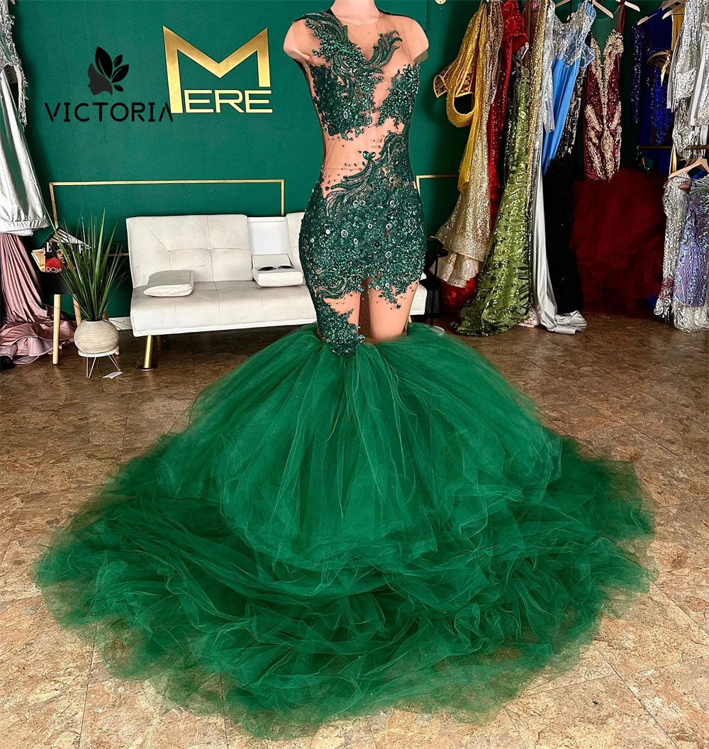 Spicy Green Long Tulle Train Sexy Luxury Prom Dress 2024 For Black Girls African Mermiad Birthday Party Dress vestidos de gala