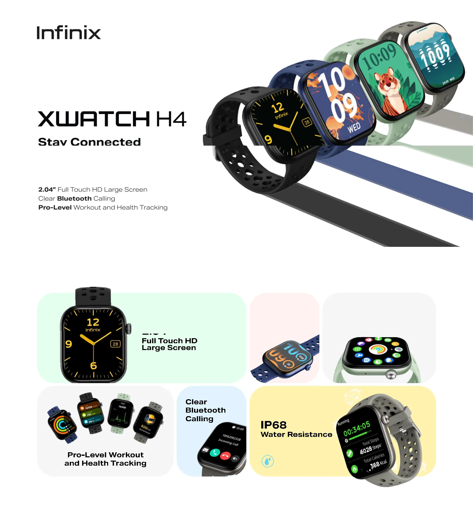 ساعة ذكية Infinix XWatch H4 XW4L إصدار الاتحاد الأوروبي باللون الأسود ومتتبع نشاط اللياقة البدنية ومراقبة معدل ضربات القلب مقاومة للماء