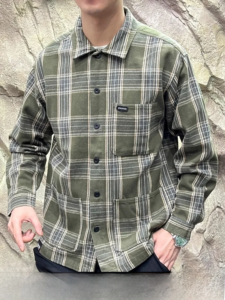 

Retro Waed Thiened Pure Cotton Plaid Men's irt Autumn Faionable Loose Fit Long Sve Button up Youth Casual irt