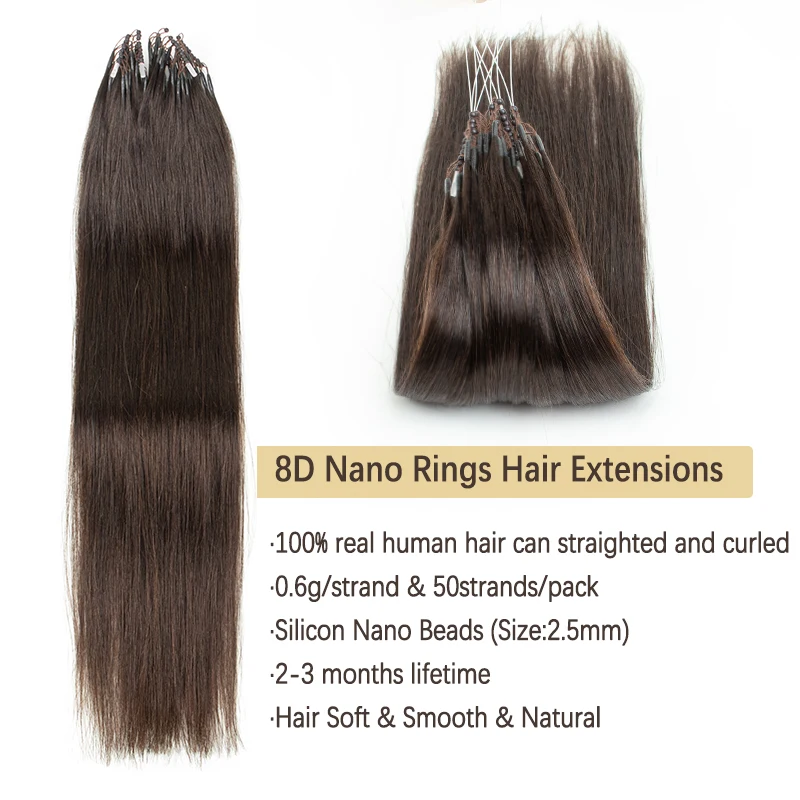 Micro Link Extensões de Cabelo Humano, Nano Anéis com Linha de Peixe Invisível Mechine Remy Extensão Do Cabelo, 8D, 50 Fios por Pacote, 0.6g por Pc