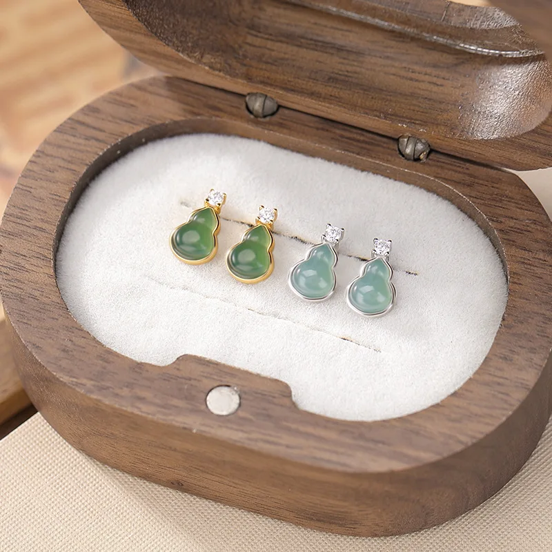 

S925 Sterling Gold-Plated Blue Jade Fortune Gourd Earrings Silver Jewelry