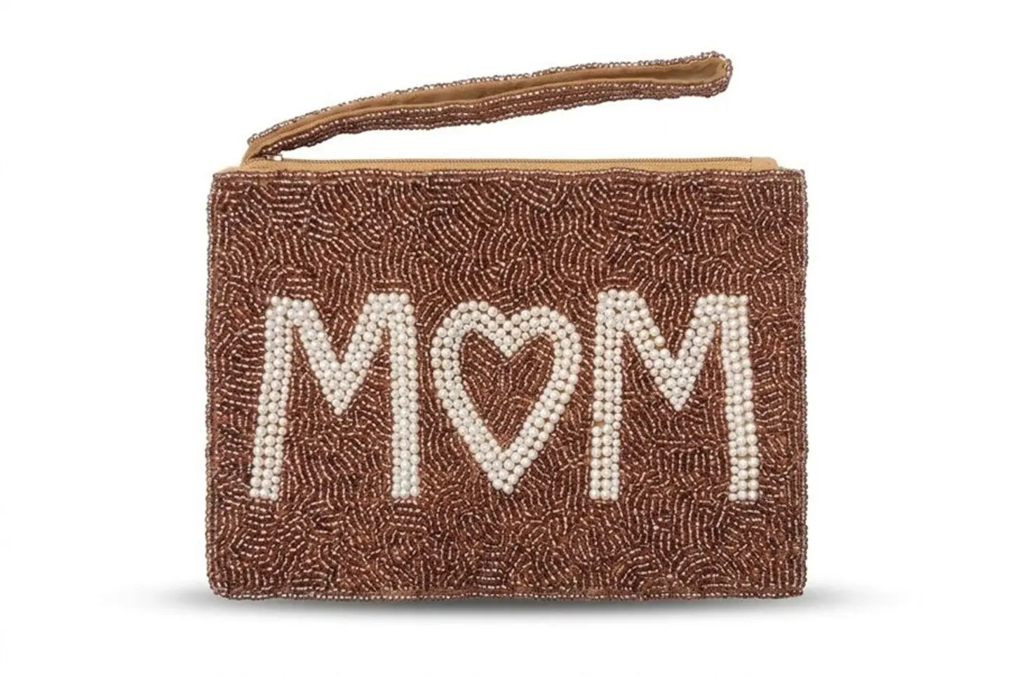 MOM Heart Brown Beaded Wristlet Purse Handmade Seed Bead Zipper Pouch Women Cosmetic Bag Mother's Day Gift For Mom