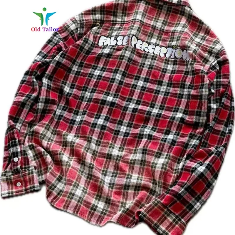 Red Plaid 25SSFalse Perception Embroidered Logo Four Seasons Long Sleeve Shirt Men's Women's Casual Loose Tops