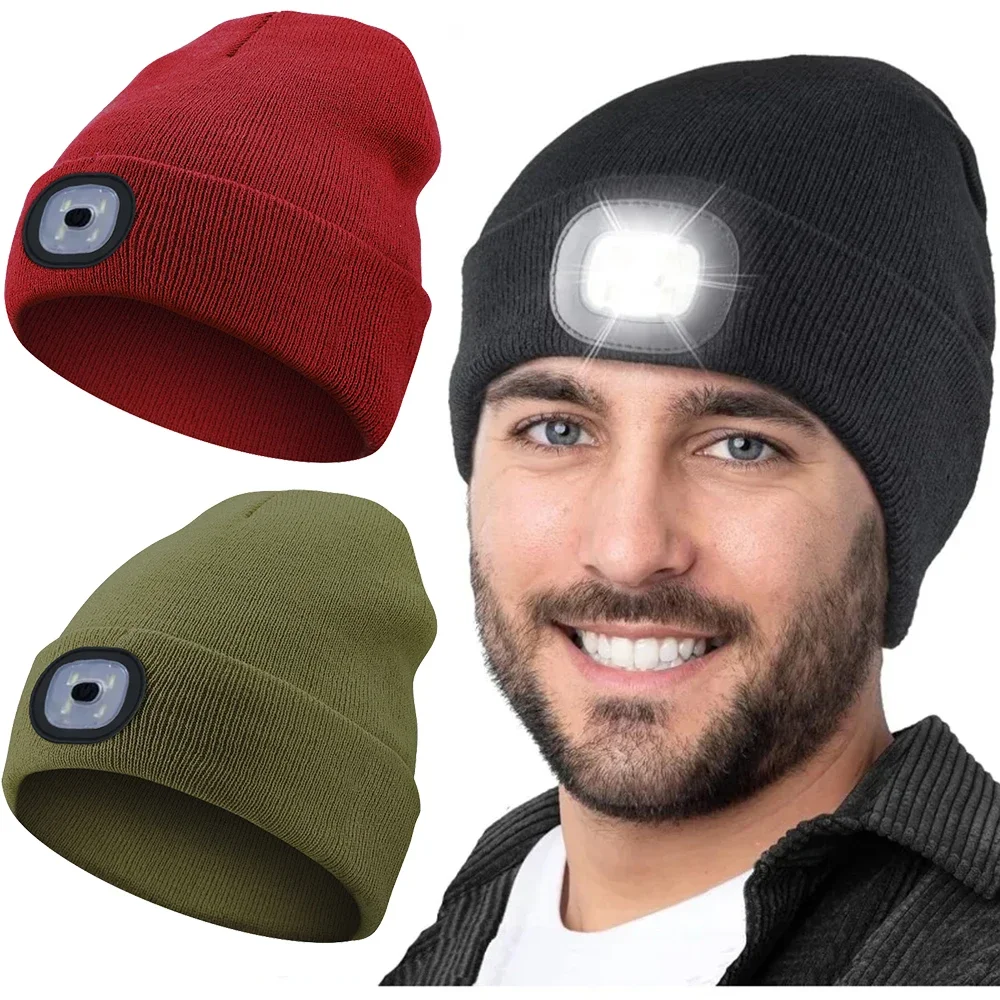 Rechargeable LED Light Knitted Hat Warm Elastic Beanie Outdoor Sports Night Fishing Hiking Camping Glow Bonnet Unisex Headlight