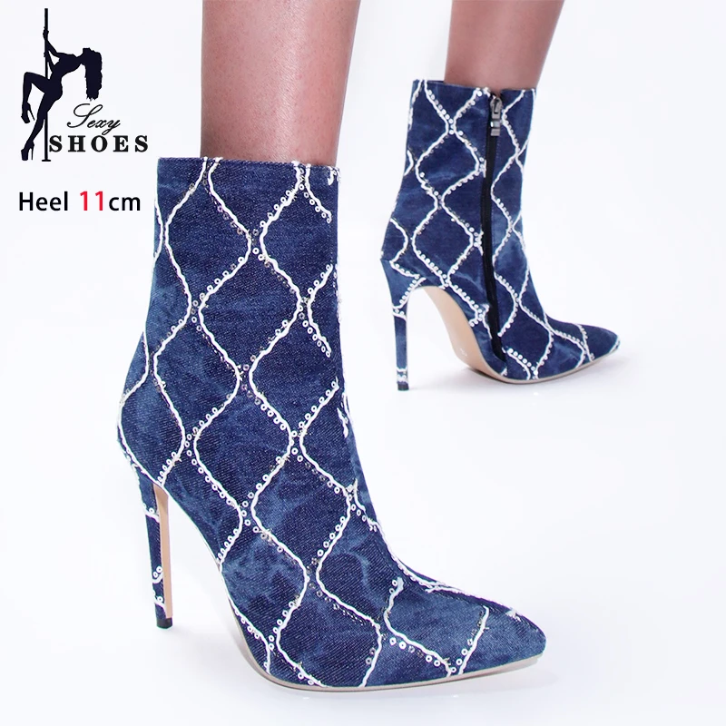 New Denim Thin High Heel Autumn Shoes Ladies Pointy Short Boots 11CM Trend Women Stiletto Heels Side Zip Ankle Boots Botas Mujer