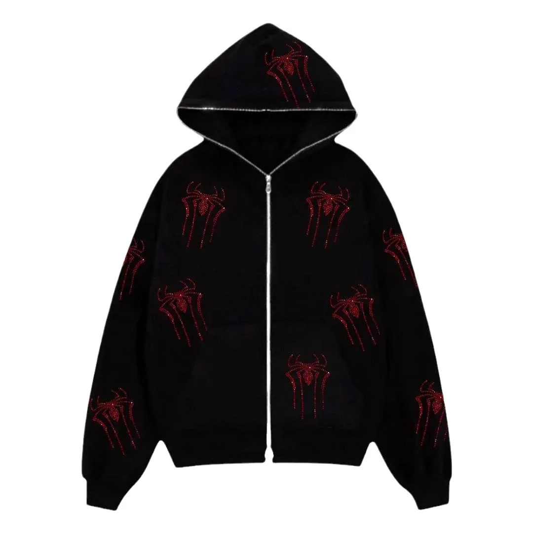 Men Y2K Fashion Hoodie Spider Rhinestone Zip Up Hoodie Grunge Women Oversized Sweatshirt Coat Punk Harajuku Long Sleeve Outerwea