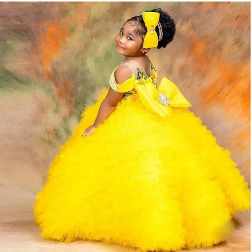 Vestidos de niña de flores de princesa amarilla para boda con lazo vestido de volantes en capas para sesión de fotos vestidos de primera comunión personalizados