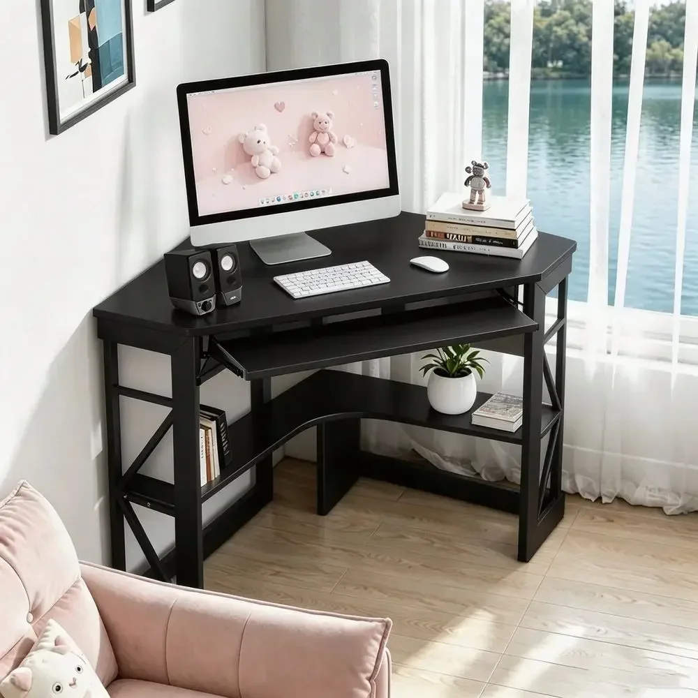 Triangle Corner Computer Desk With Keyboard Tray, Sturdy Frame And Storage Shelves For Home Office.