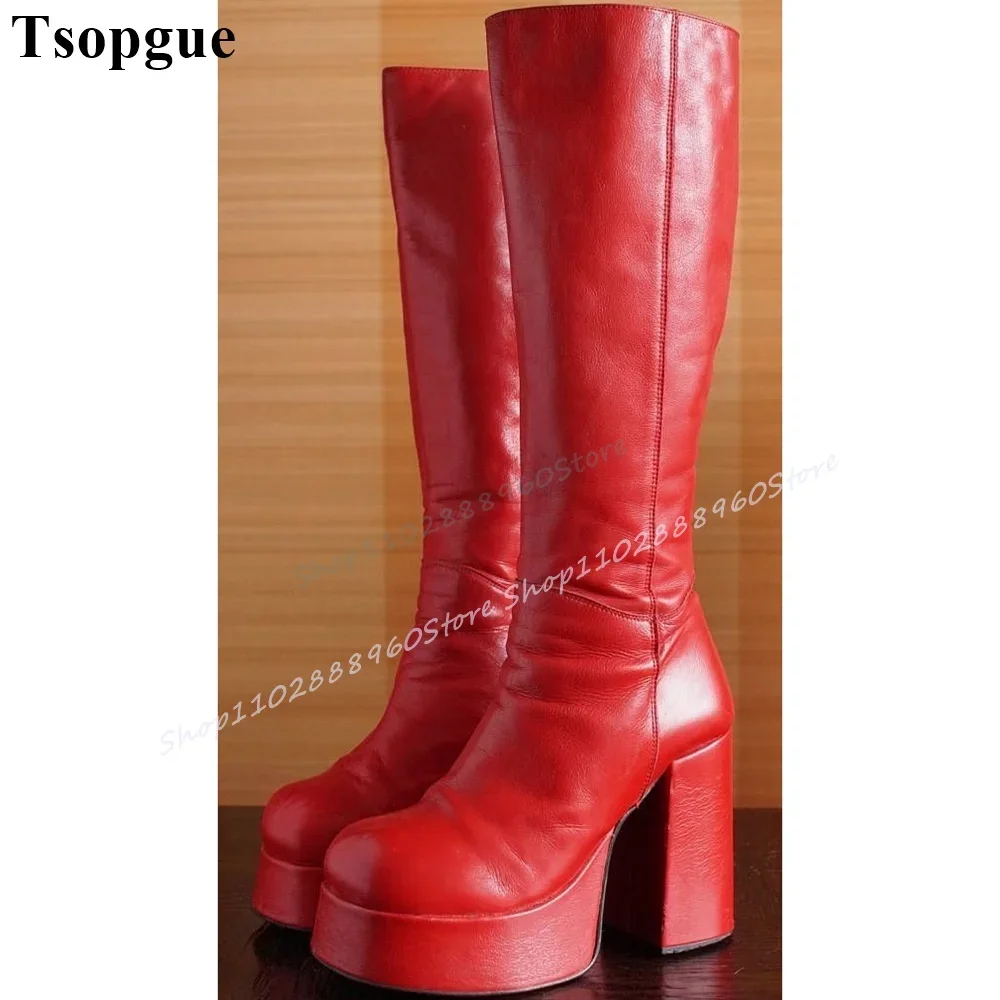 

Matte Leather Knee High Red Platform Boots Chunky High Heel Women Shoes Side Zipper Round Toe 2025 Fashion Zapatos Para Mujere
