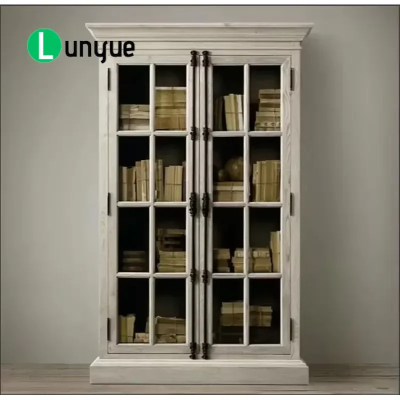 French Solid Red Oak Display Case Glass Door Retro Bookcase For Home Office Workshop Traditional School Design Storage