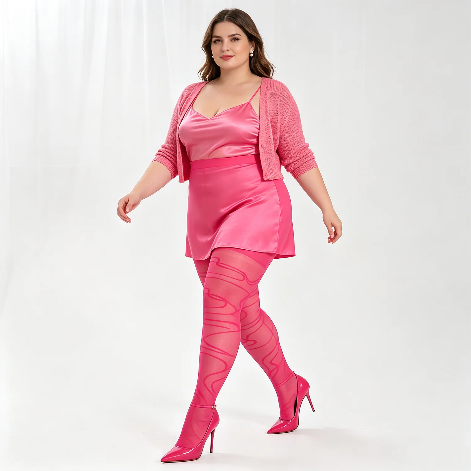 1Pair Plus Size Hot Pink Abstract Swirl Line Print Sheer Pantyhose Y2K Sweet Curvy Women Autumn Tights