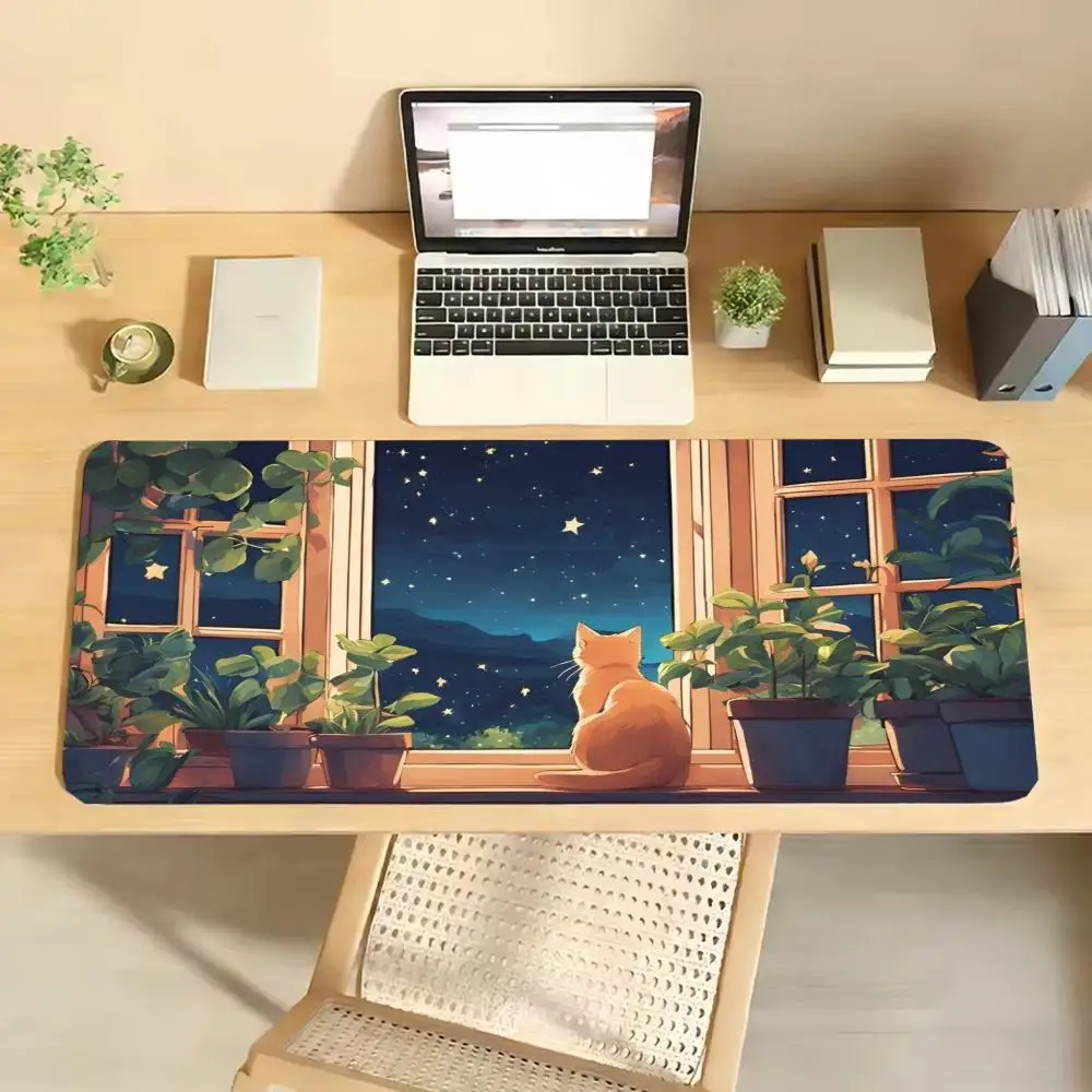 Night Window Kitten Desk Mat Large Anti Slip Mousepad for Girls Gaming Table Decor, Starry Sky Plant Scenery