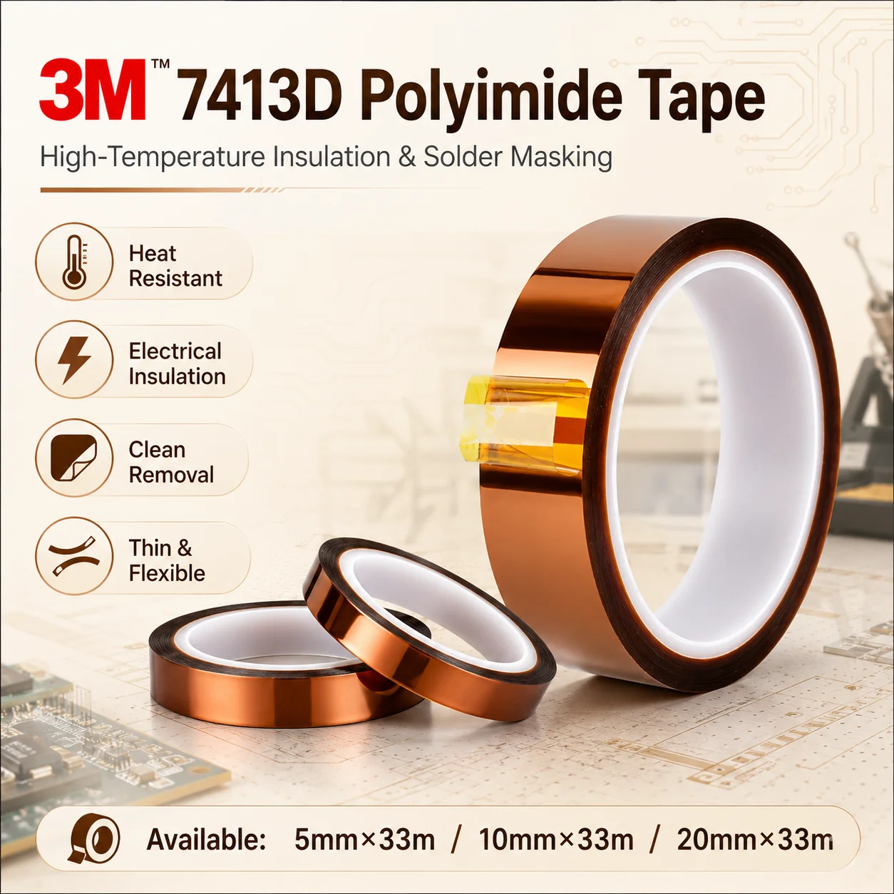 3M 7413D Polyimide Tape High Temperature Heat Resistant Electrical Insulation For PCB Solder Masking Gold Finger 5-50mm x 33m