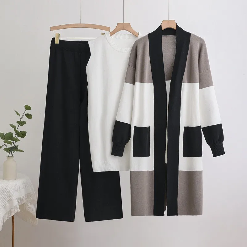 2 Pieces Set For Woman Cardigan Long Sleeve Knit Cardigan Sweater Vest Sleeveless Top Open Front Cardigan Black White Gray