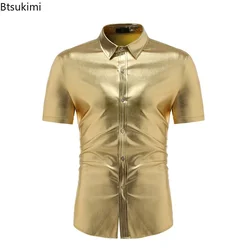 2024 Men's Shiny Nightclub Party Shirts Fashion Gold Silver Slim Fit Short Sleeve Shirt Men Evening Party Singers Clothing Male