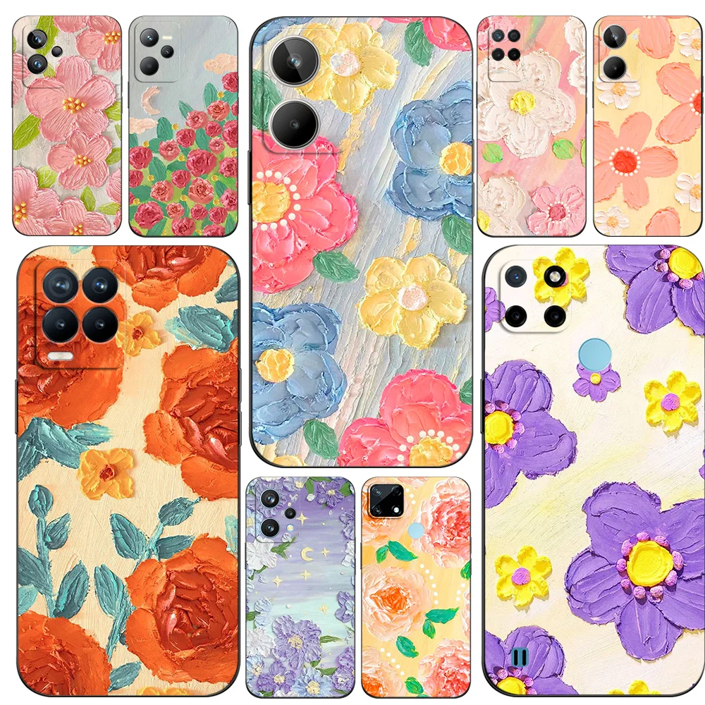 Black Tpu Case For Realme 2 3 3i 5i 5s 6s 7i 6 7 8 8i pro 4g 5g cover romantic lovely flower