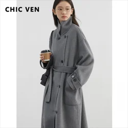 CHIC VEN Korean Women Woolen Coat Single Breasted Loose Solid New Long Double-sided Female Overcoat with Belt Autumn Winter 2024