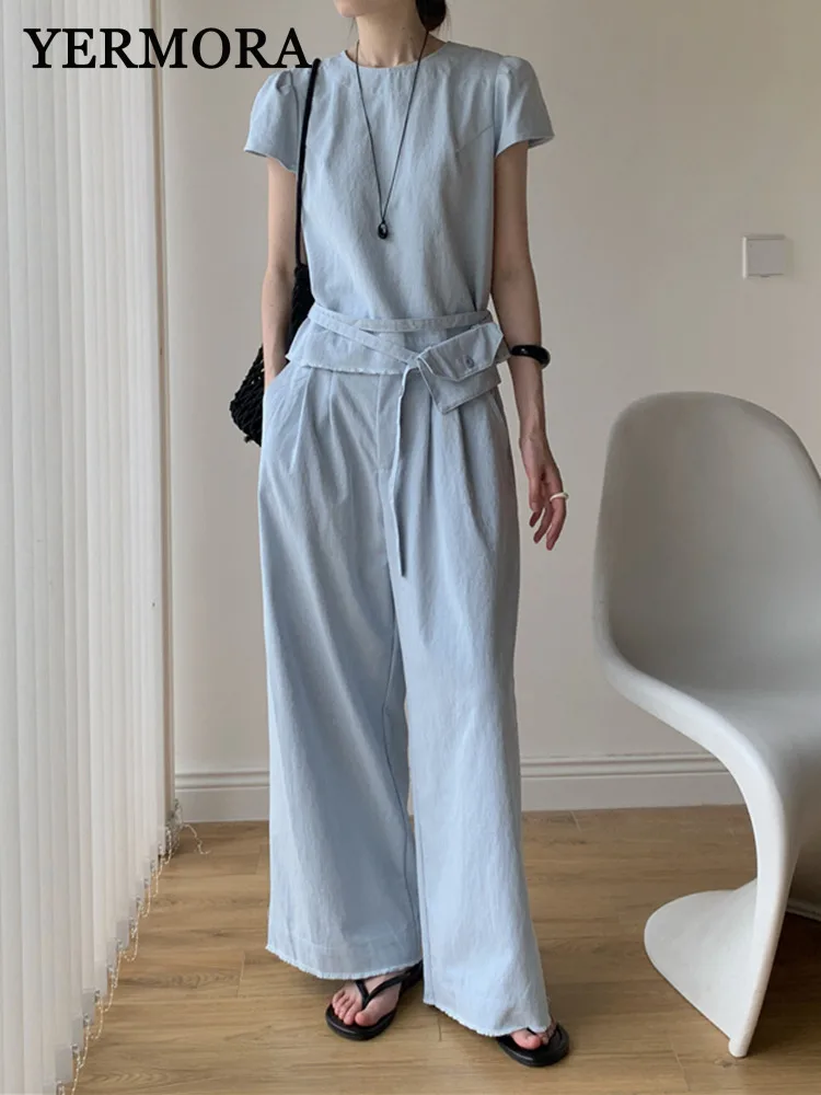 

YERMORA Women Two Pieces Set Blue Back Button Belted Tops O-neck Loose New Pleated Wide Leg Pants Fashion Spring Summer 2025