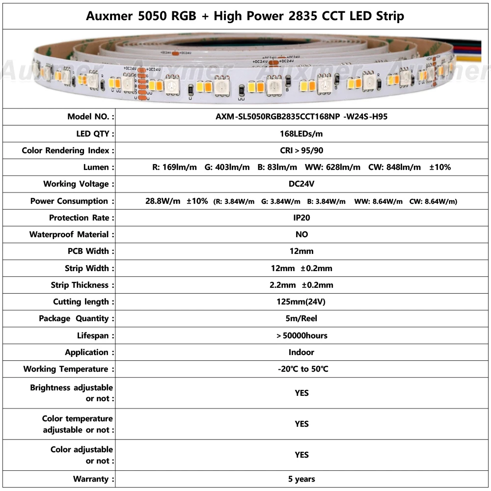 Imagem -02 - Fita Led Colorida de Temperatura Ajustável Fita Led Rgbcct Alta Potência Decoração de Casa 2835cct 5050rgb Mais 20006500k 288 w m