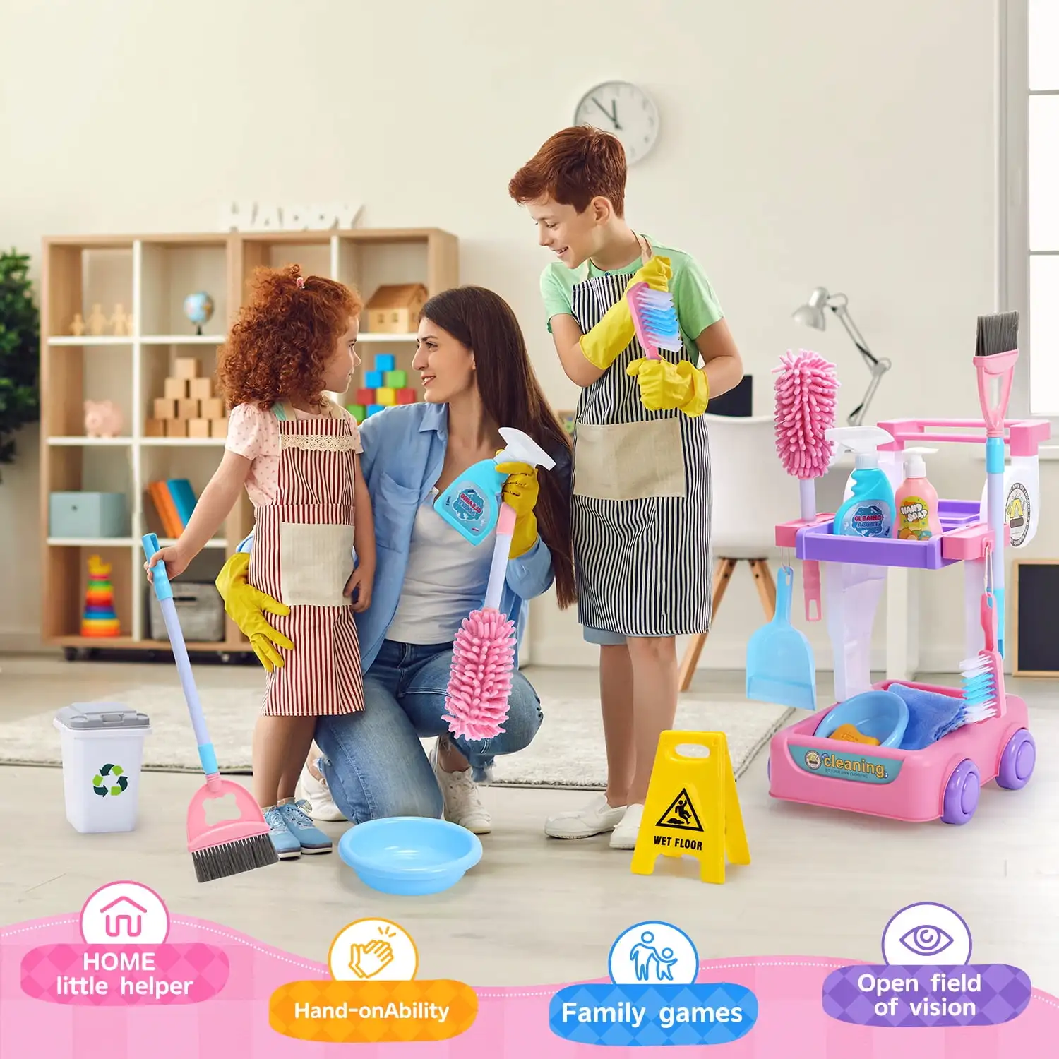 Kids Cleaning Set Toddler Cleaning Toy Set Pretend Play Housekeeping Educational Toy with Cart Broom Dust Pan Mop Christmas Gift