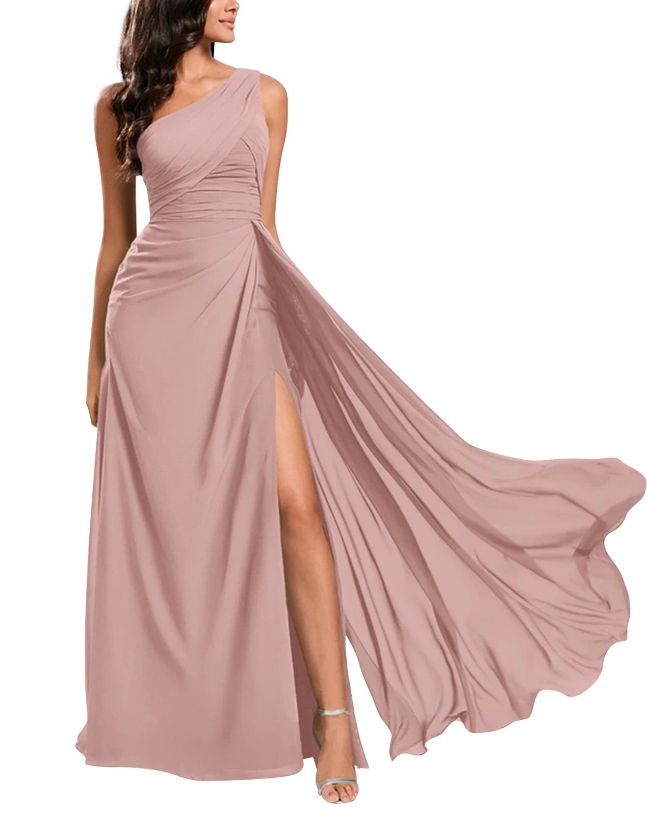 Chiffon One Shoulder A-line Bridesmaid Dress Solid Pleated High Slit Party Dress for Wedding Backless Floor-Length Evening Gowns