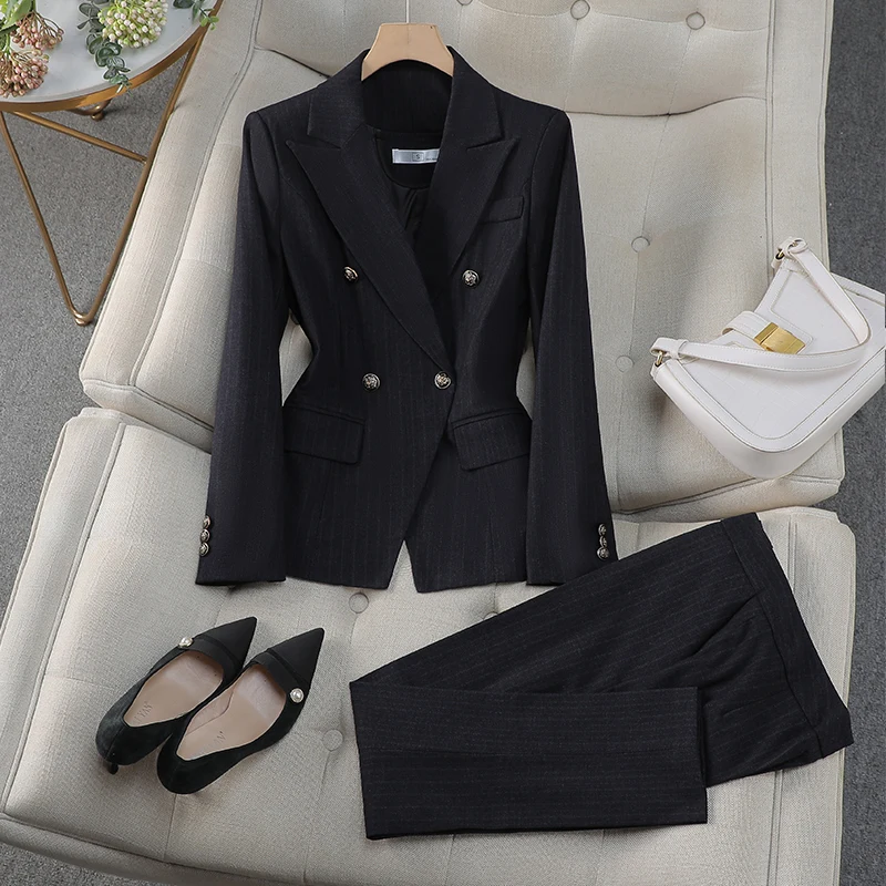 Fashion Autumn Winter Ladies Pant Suit Women Blue Striped Female Business Work Wear Jacket Blazer and Trouser Formal 2 Piece Set