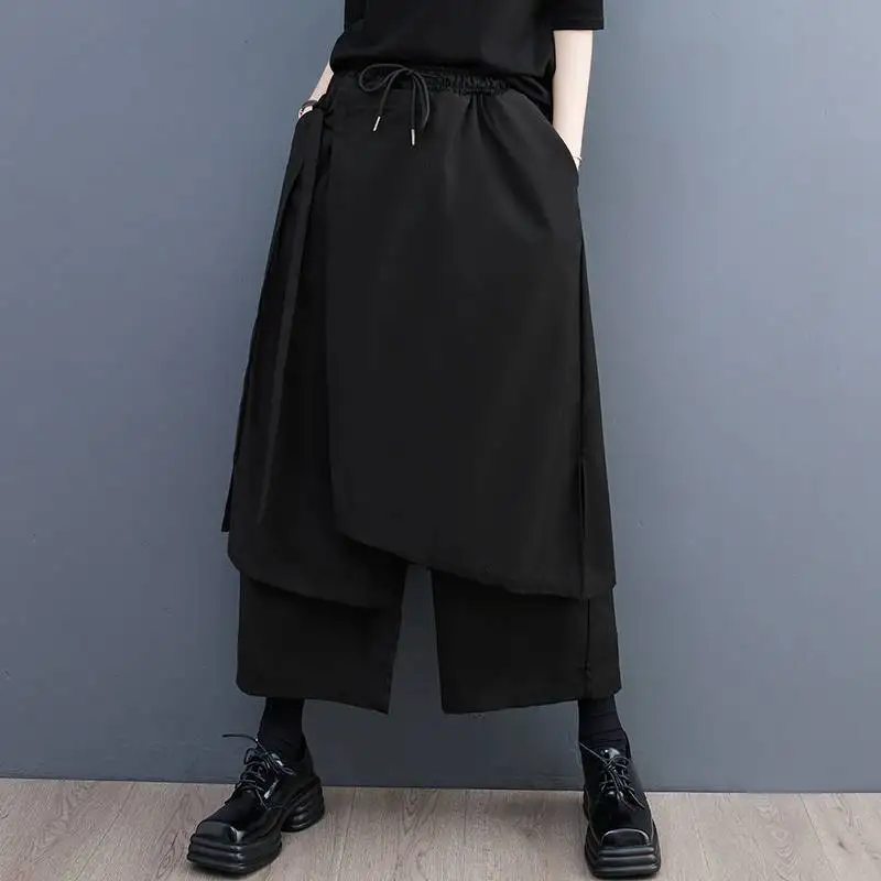 

Streetwear Asymmetrical False Two Piece Wide Leg Pants Women Black High Waisted Casual Loose Bandage Joggers Trousers