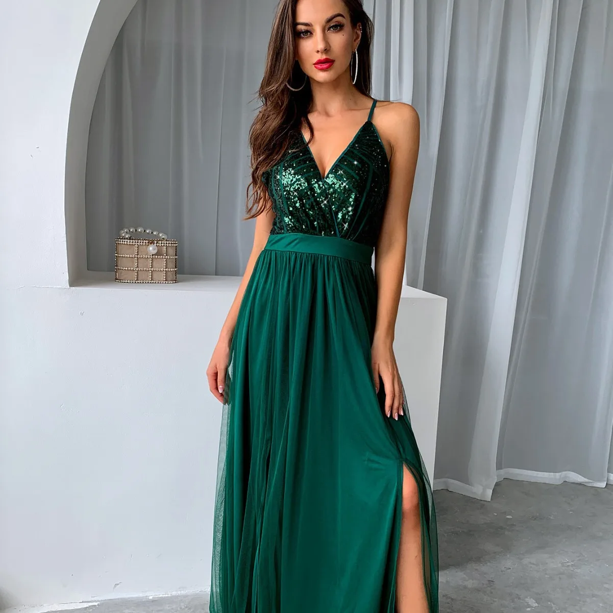 

customized women's adult fashion clothing sexy suspender mesh bead splicing slit big swing skirt dress evening gown costume