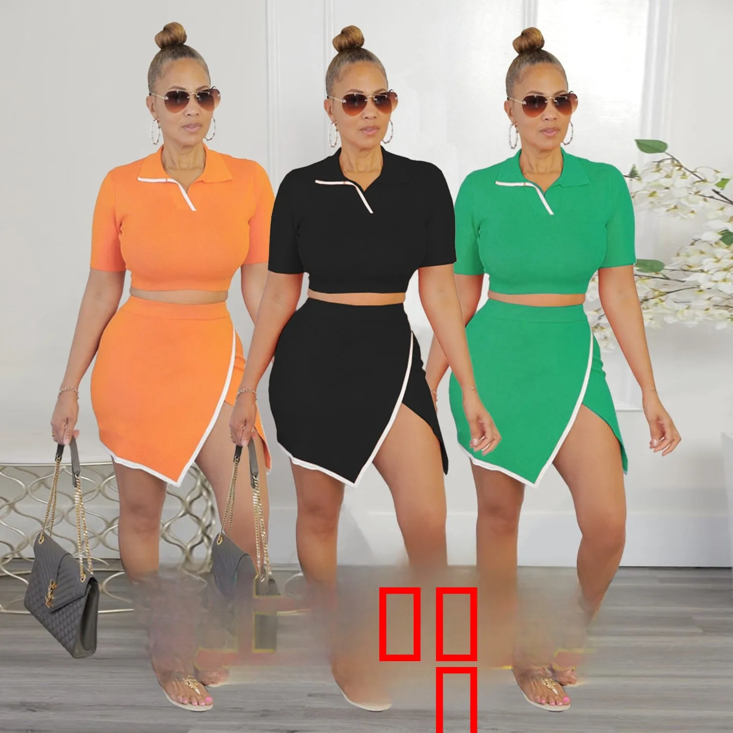 

Spring Slim 2 Piece Set Women's Design T-irt Split Skirt Ele Mid-Length Bodycon Skirt Pure Color Polyester Blend