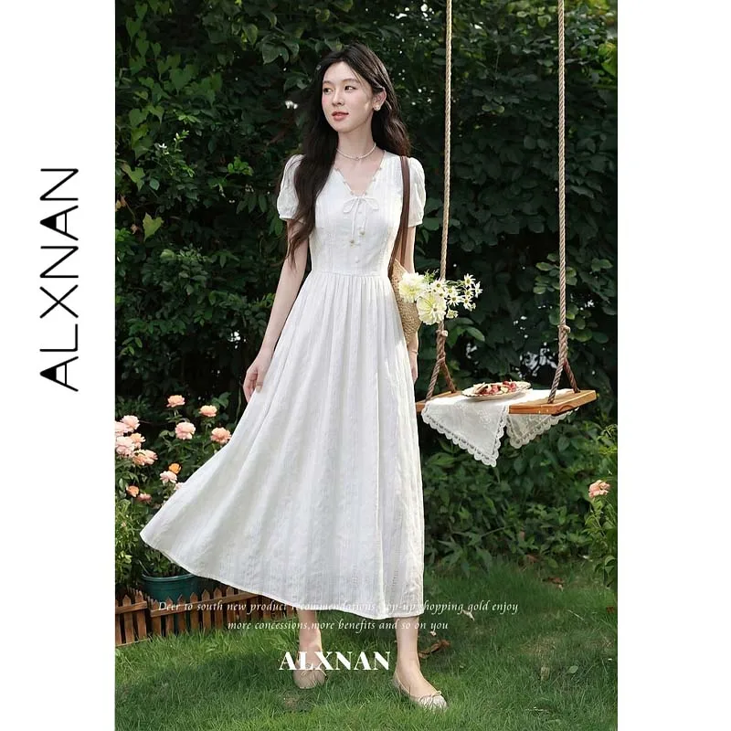 ALXNAN Women White Textured Midi Dress V-neck Bow Tie Puff Short Sleeve Button French Casual Summe Cotton 100% Dress L659119A-1