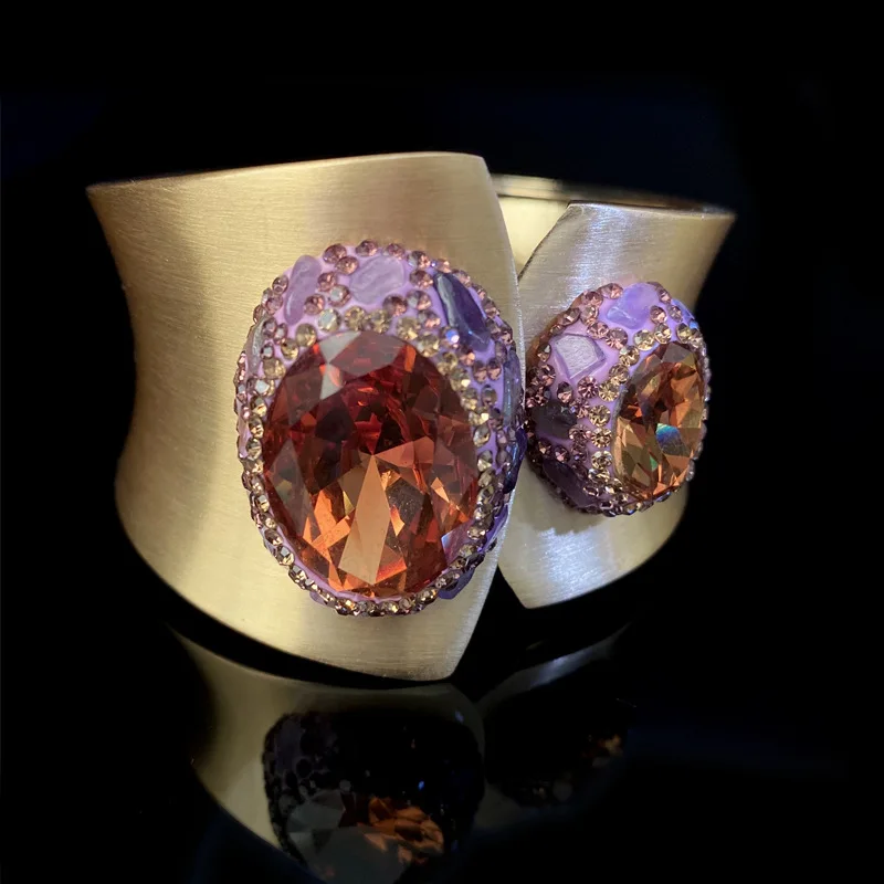 Large Double Sudan Stone Open Bangle Golden Sultanite Color Changed Quartz Crystal Cuff Bracelet Genstone Jewelry